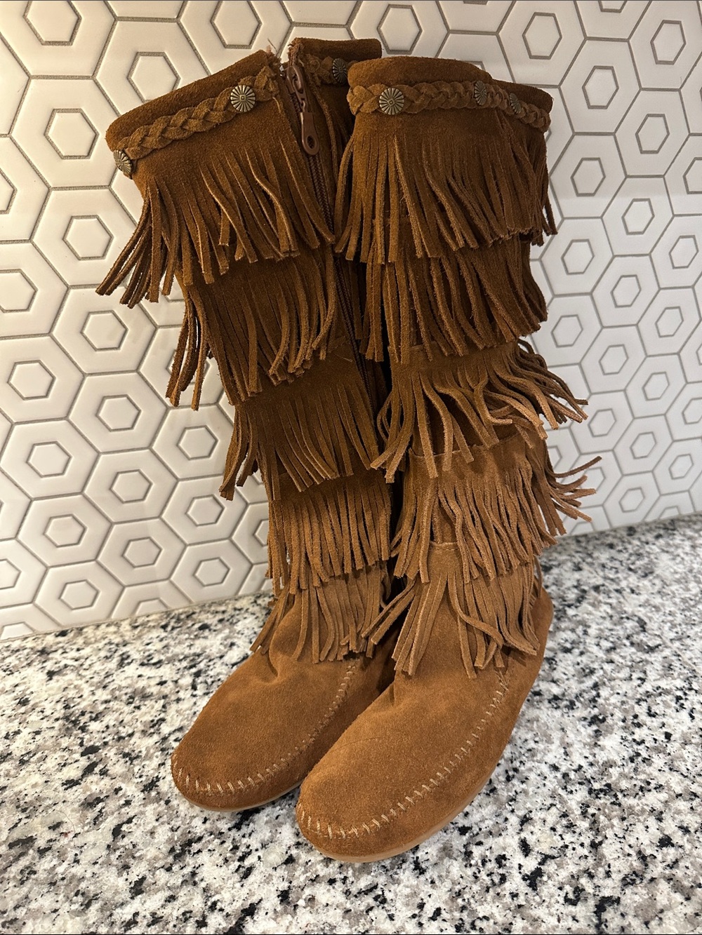 Minnetonka Tan Suede Fringe Moccasin Boots
